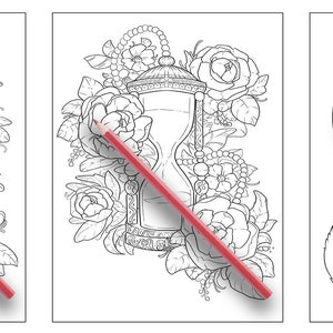 以下が含まれることがあります： 複雑なデザインが施された白黒の塗り絵3枚。最初のページは、花に囲まれた角のある頭蓋骨。2ページ目は、花とつる植物が絡み合った砂時計。3ページ目は、三日月を巻き付いた長い尻尾を持つキツネ。