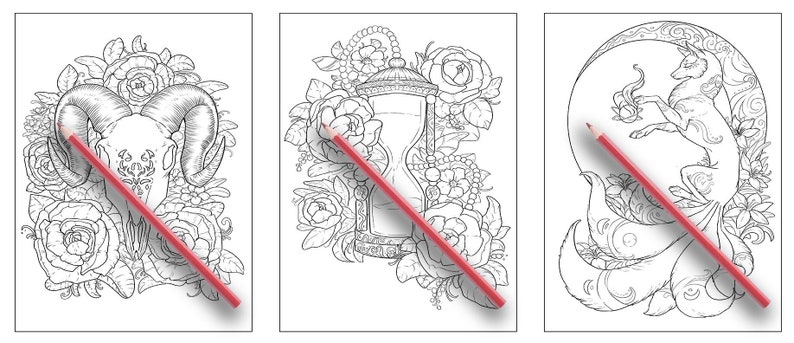 以下が含まれることがあります： 複雑なデザインが施された白黒の塗り絵3枚。最初のページは、花に囲まれた角のある頭蓋骨。2ページ目は、花とつる植物が絡み合った砂時計。3ページ目は、三日月を巻き付いた長い尻尾を持つキツネ。