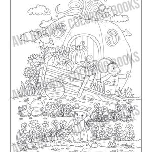 May include: A black and white illustration of a whimsical pumpkin house with a mouse character standing in front of it. The house has a door and windows, and there are pumpkins and flowers around it. A wheelbarrow filled with pumpkins is in front of the house.