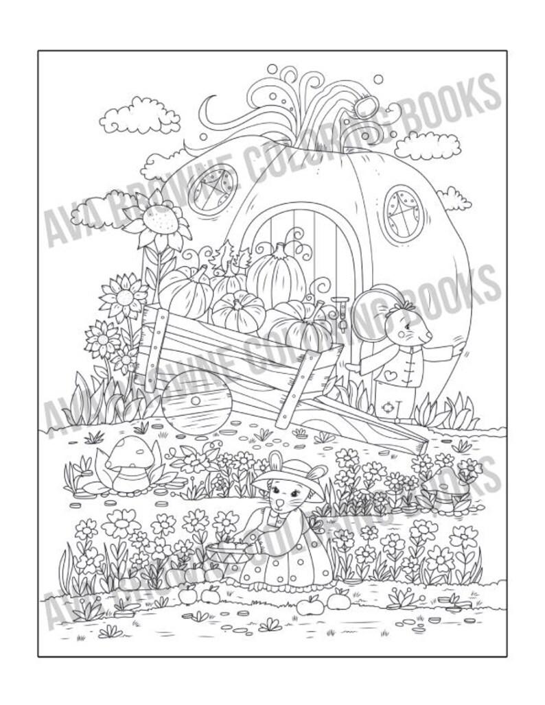 May include: A black and white illustration of a whimsical pumpkin house with a mouse character standing in front of it. The house has a door and windows, and there are pumpkins and flowers around it. A wheelbarrow filled with pumpkins is in front of the house.