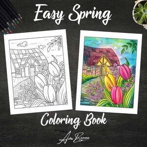 K&ouml;nnte beinhalten: Eine Malvorlage mit einer Schwarzwei&szlig;illustration eines H&auml;uschens mit einem Tulpenbeet. Die zweite Seite zeigt dasselbe H&auml;uschen mit einer farbenfrohen Aquarell-Illustration des H&auml;uschens und der Tulpen.