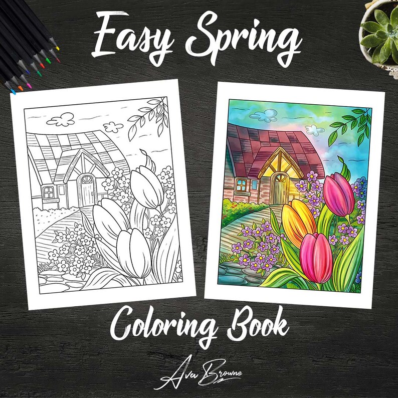 K&ouml;nnte beinhalten: Eine Malvorlage mit einer Schwarzwei&szlig;illustration eines H&auml;uschens mit einem Tulpenbeet. Die zweite Seite zeigt dasselbe H&auml;uschen mit einer farbenfrohen Aquarell-Illustration des H&auml;uschens und der Tulpen.