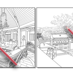 Peut inclure: Un dessin au trait noir et blanc de deux espaces de vie ext&eacute;rieurs. Le premier espace comprend une chemin&eacute;e et un patio couvert avec des si&egrave;ges. Le deuxi&egrave;me espace comprend un barbecue et une cuisine ext&eacute;rieure.