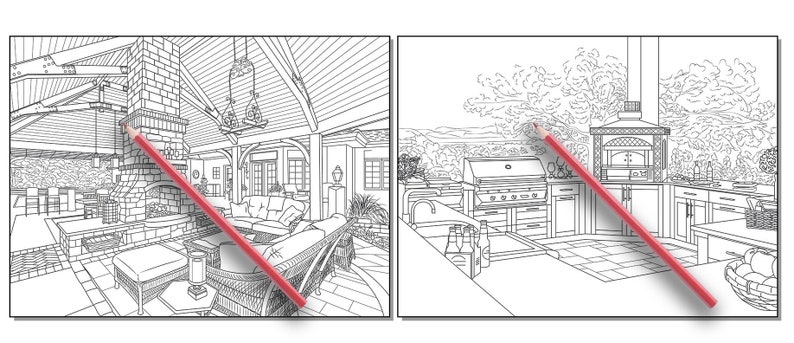 Peut inclure: Un dessin au trait noir et blanc de deux espaces de vie ext&eacute;rieurs. Le premier espace comprend une chemin&eacute;e et un patio couvert avec des si&egrave;ges. Le deuxi&egrave;me espace comprend un barbecue et une cuisine ext&eacute;rieure.