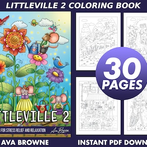 May include: A colouring book titled "Littleville 2 Coloring Book" with a cover image of a whimsical garden scene featuring a sunflower, flowers, butterflies, and mice. The book has 30 pages and is available as an instant PDF download.