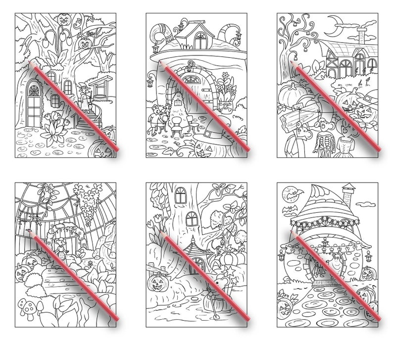 Peut inclure: Six pages &agrave; colorier en noir et blanc repr&eacute;sentant des sc&egrave;nes sur le th&egrave;me d'Halloween. Chaque page comprend une maison hant&eacute;e, des arbres, des citrouilles et d'autres d&eacute;tails festifs. Les pages sont parfaites pour &ecirc;tre colori&eacute;es avec des crayons, des feutres ou des crayons de couleur.