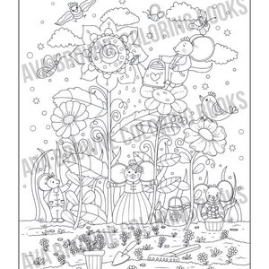 May include: A black and white colouring page depicting a whimsical garden scene with mice, birds, and flowers. The mice are watering flowers, holding gardening tools, and wearing clothes. The birds are perched on flowers and flying in the sky. The flowers are in bloom and have intricate details.