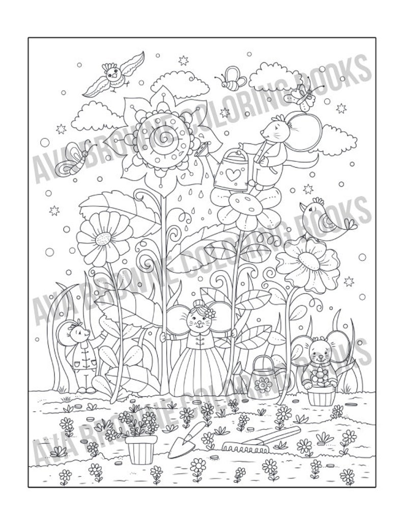 May include: A black and white colouring page depicting a whimsical garden scene with mice, birds, and flowers. The mice are watering flowers, holding gardening tools, and wearing clothes. The birds are perched on flowers and flying in the sky. The flowers are in bloom and have intricate details.