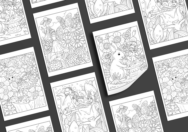 K&ouml;nnte beinhalten: Ein Set mit acht Malvorlagen, die Feen, Schmetterlinge und andere fantasievolle Kreaturen in einer Gartenlandschaft zeigen. Die Seiten sind auf wei&szlig;em Papier gedruckt und bereit zum Ausmalen.