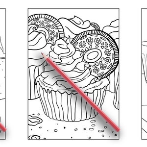 May include: Three black and white coloring pages featuring a fruit bowl with lemons and oranges, a cupcake with frosting and an Oreo cookie, and two muffins with a glass of water and a plant in the background.