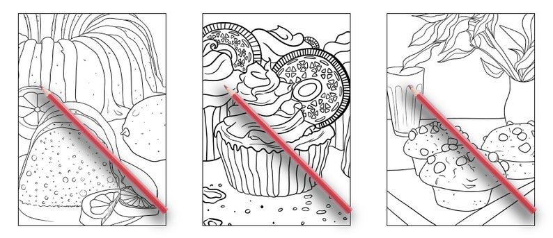 May include: Three black and white coloring pages featuring a fruit bowl with lemons and oranges, a cupcake with frosting and an Oreo cookie, and two muffins with a glass of water and a plant in the background.