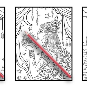 May include: Three black and white colouring pages featuring women with mystical themes. The first page features a witch with a pointed hat and a long flowing dress. The second page features a woman with a headdress and a flowing dress holding a crystal ball. The third page features a mermaid with long flowing hair and a tail.