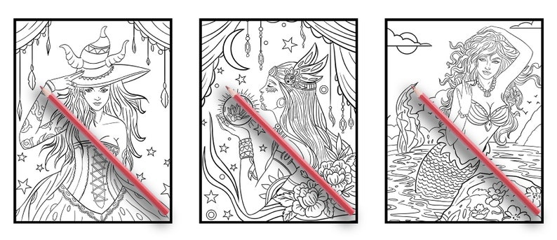 May include: Three black and white colouring pages featuring women with mystical themes. The first page features a witch with a pointed hat and a long flowing dress. The second page features a woman with a headdress and a flowing dress holding a crystal ball. The third page features a mermaid with long flowing hair and a tail.