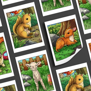 May include: A set of eight illustrated cards featuring various animals in a nature setting. The animals include a squirrel, a deer, a lamb, and a dog. The cards are printed on white cardstock and have a white border.