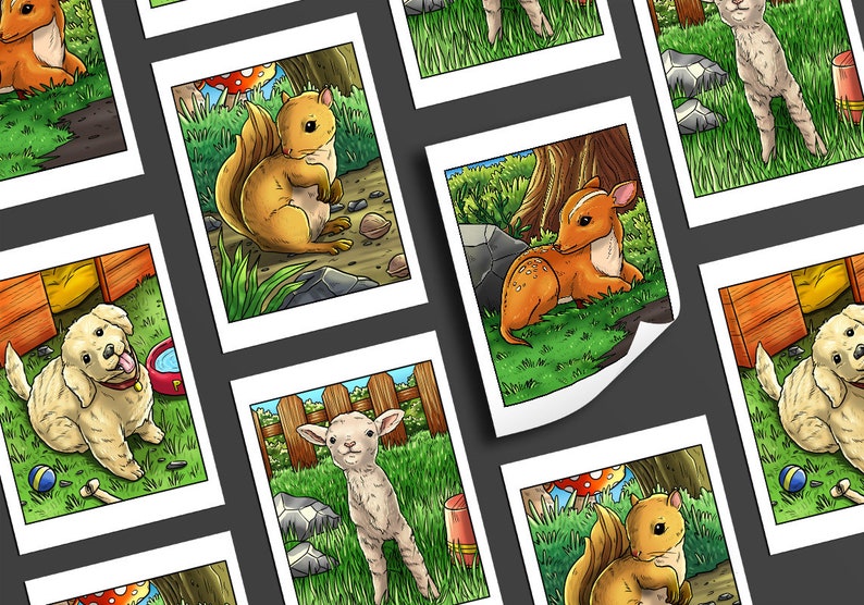 May include: A set of eight illustrated cards featuring various animals in a nature setting. The animals include a squirrel, a deer, a lamb, and a dog. The cards are printed on white cardstock and have a white border.