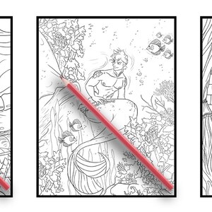 May include: Three black and white colouring book pages featuring a woman riding a dragon, a mermaid swimming in the ocean, and a woman looking in a mirror.