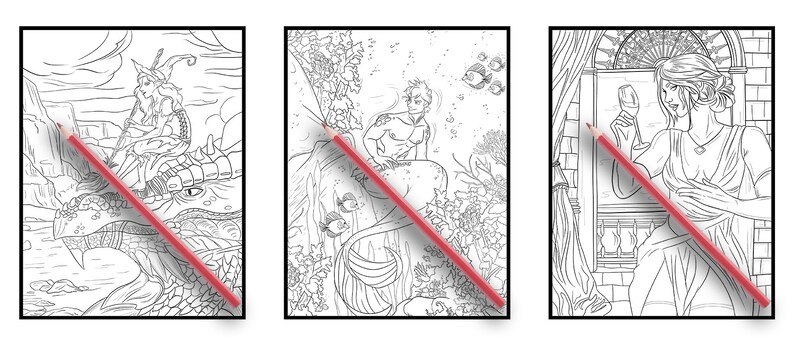 May include: Three black and white colouring book pages featuring a woman riding a dragon, a mermaid swimming in the ocean, and a woman looking in a mirror.