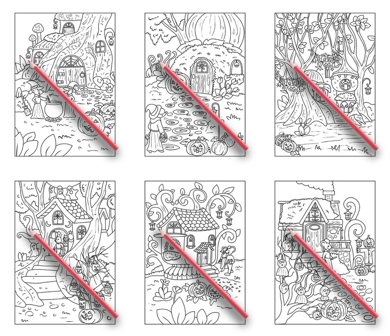Peut inclure: Six pages &agrave; colorier en noir et blanc repr&eacute;sentant des maisons fantastiques sur le th&egrave;me d'Halloween avec des d&eacute;tails effrayants comme des citrouilles, des fant&ocirc;mes et des chauves-souris. Chaque page est pr&ecirc;te &agrave; &ecirc;tre color&eacute;e avec vos crayons, marqueurs ou crayons de couleur pr&eacute;f&eacute;r&eacute;s.