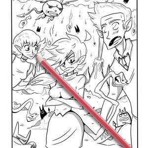 May include: Black and white line art coloring page featuring several cartoon characters with pointy ears and angry expressions. A red pencil is placed diagonally across the image. The characters are surrounded by abstract shapes and lines.