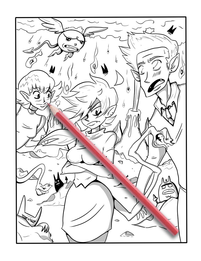 May include: Black and white line art coloring page featuring several cartoon characters with pointy ears and angry expressions. A red pencil is placed diagonally across the image. The characters are surrounded by abstract shapes and lines.