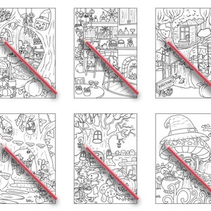 Peut inclure: Six pages &agrave; colorier en noir et blanc repr&eacute;sentant des sc&egrave;nes d'Halloween fantaisistes avec des souris, des citrouilles et des maisons. Les sc&egrave;nes comprennent une maison dans les arbres, une maison en forme de champignon et une maison avec un chaudron.