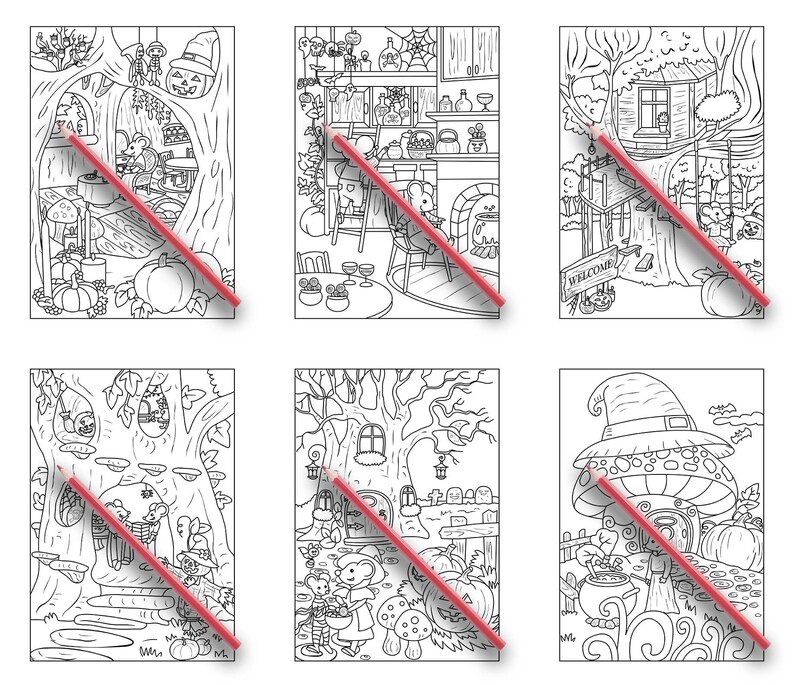 Peut inclure: Six pages &agrave; colorier en noir et blanc repr&eacute;sentant des sc&egrave;nes d'Halloween fantaisistes avec des souris, des citrouilles et des maisons. Les sc&egrave;nes comprennent une maison dans les arbres, une maison en forme de champignon et une maison avec un chaudron.