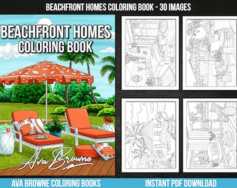 Ava Browne kleurboeken | Strand huizen volwassen kleurboek cadeau voor vrouwen, tieners, PDF DOWNLOAD, zomer strand landschap natuur