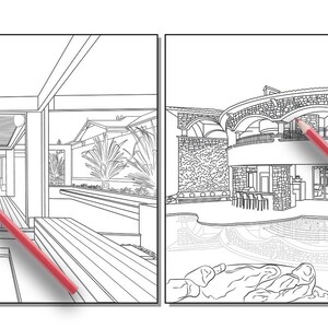 Peut inclure: Un dessin au trait noir et blanc de deux maisons diff&eacute;rentes. La premi&egrave;re maison est une maison moderne &agrave; concept ouvert avec une grande terrasse et un foyer. La deuxi&egrave;me maison est une maison traditionnelle de style espagnol avec une piscine et une terrasse.