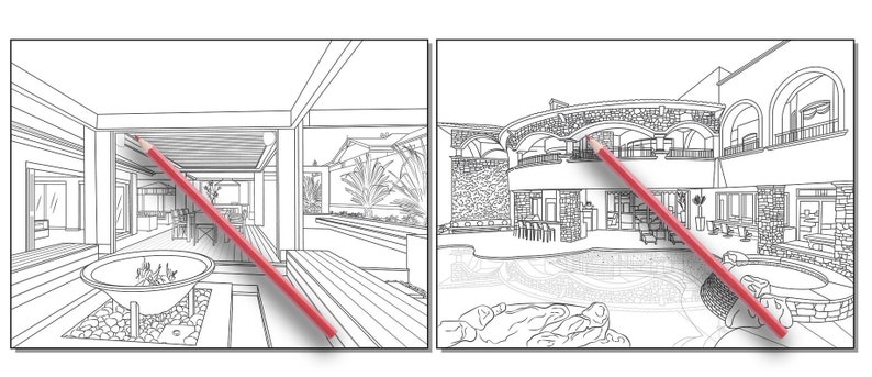 Peut inclure: Un dessin au trait noir et blanc de deux maisons diff&eacute;rentes. La premi&egrave;re maison est une maison moderne &agrave; concept ouvert avec une grande terrasse et un foyer. La deuxi&egrave;me maison est une maison traditionnelle de style espagnol avec une piscine et une terrasse.