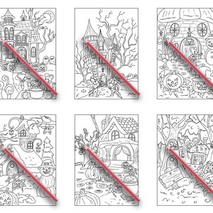 Peut inclure: Six pages &agrave; colorier en noir et blanc repr&eacute;sentant des sc&egrave;nes d'Halloween avec des maisons, des citrouilles et des souris. Les pages sont con&ccedil;ues pour que les enfants puissent les colorier.