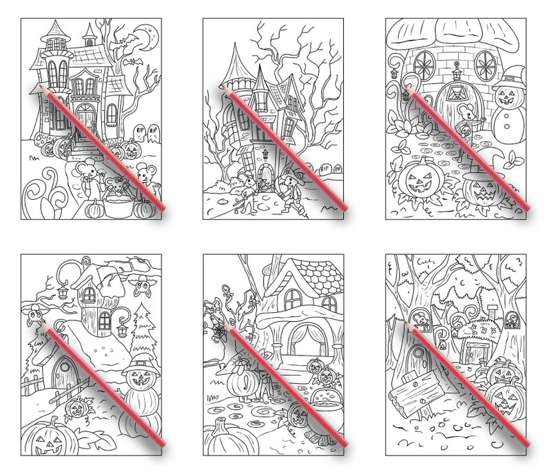 Peut inclure: Six pages &agrave; colorier en noir et blanc repr&eacute;sentant des sc&egrave;nes d'Halloween avec des maisons, des citrouilles et des souris. Les pages sont con&ccedil;ues pour que les enfants puissent les colorier.