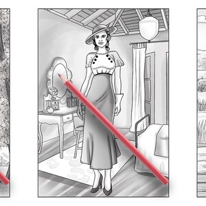 May include: Three black and white illustrations of women wearing different dresses. The woman on the left is wearing a long, flowing dress with ruffles. The woman in the middle is wearing a long, fitted dress with a belt. The woman on the right is wearing a short, floral dress.