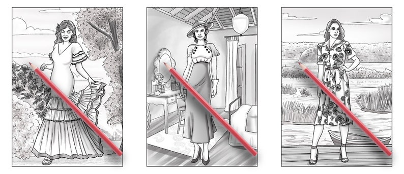 May include: Three black and white illustrations of women wearing different dresses. The woman on the left is wearing a long, flowing dress with ruffles. The woman in the middle is wearing a long, fitted dress with a belt. The woman on the right is wearing a short, floral dress.