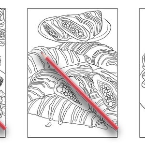 May include: Three black and white line drawings of desserts. The first is a layered cake with frosting and a cherry on top. The second is a pile of croissants. The third is a waffle with ice cream, whipped cream, and a chocolate sauce drizzle.
