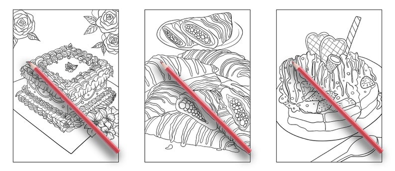 May include: Three black and white line drawings of desserts. The first is a layered cake with frosting and a cherry on top. The second is a pile of croissants. The third is a waffle with ice cream, whipped cream, and a chocolate sauce drizzle.