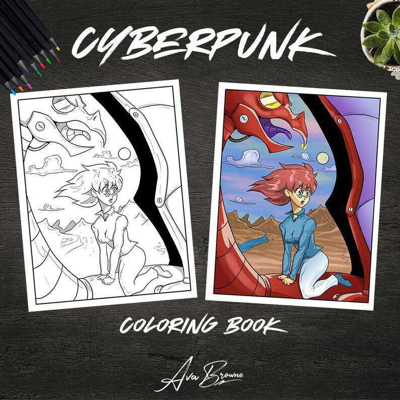May include: A coloring book page featuring a cyberpunk-style illustration of a woman with red hair and glasses standing on a mechanical dragon. The dragon is red and purple and has a large, open mouth. The background is a desert landscape with a blue sky and clouds. The text "CYBERPUNK COLORING BOOK" is at the top of the page.