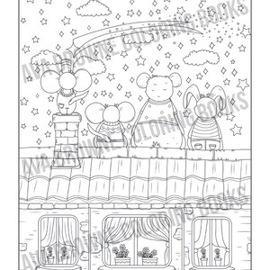 May include: A black and white illustration of three mice standing on a rooftop looking up at a shooting star. The mice are wearing clothes and are standing on a rooftop with a chimney. There are clouds and stars in the sky.