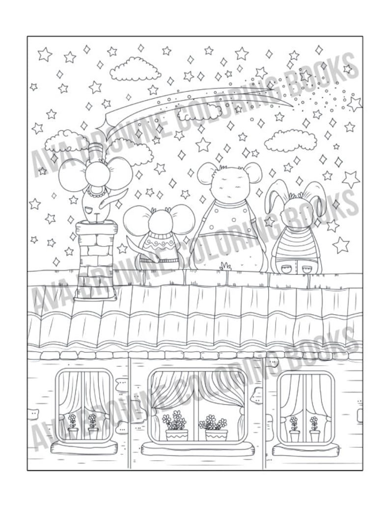 May include: A black and white illustration of three mice standing on a rooftop looking up at a shooting star. The mice are wearing clothes and are standing on a rooftop with a chimney. There are clouds and stars in the sky.