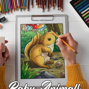 May include: A colouring page featuring a cartoon baby squirrel with a brown tail and a mushroom in the background. The page is titled "Baby Animals".