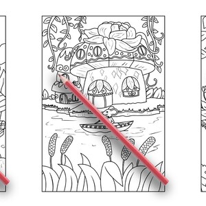 Pode incluir: Tr&ecirc;s p&aacute;ginas para colorir em preto e branco com casas de sonho. A primeira p&aacute;gina mostra uma casa em forma de cogumelo com um pequeno jardim. A segunda p&aacute;gina mostra uma casa em forma de cogumelo com um lago e l&iacute;rios de &aacute;gua. A terceira p&aacute;gina mostra uma cama com dossel e uma mesa de cabeceira com uma l&acirc;mpada.