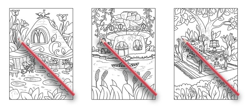 Pode incluir: Tr&ecirc;s p&aacute;ginas para colorir em preto e branco com casas de sonho. A primeira p&aacute;gina mostra uma casa em forma de cogumelo com um pequeno jardim. A segunda p&aacute;gina mostra uma casa em forma de cogumelo com um lago e l&iacute;rios de &aacute;gua. A terceira p&aacute;gina mostra uma cama com dossel e uma mesa de cabeceira com uma l&acirc;mpada.