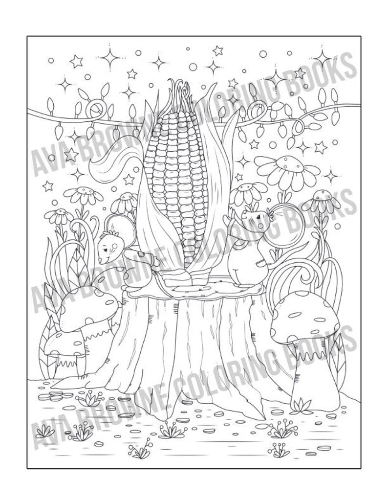 May include: A black and white coloring page featuring a whimsical scene with a corn cob, two small animals, mushrooms, and a tree stump. The scene is set in a forest with flowers and stars.