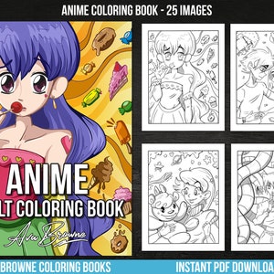 May include: An anime adult coloring book with 25 images. The cover features a colorful anime character with purple hair and a lollipop. The book includes various black and white illustrations ready for coloring, with the text "ANIME ADULT COLORING BOOK".