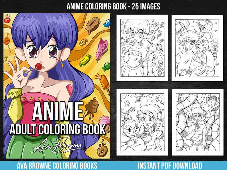 May include: An anime adult coloring book with 25 images. The cover features a colorful anime character with purple hair and a lollipop. The book includes various black and white illustrations ready for coloring, with the text "ANIME ADULT COLORING BOOK".