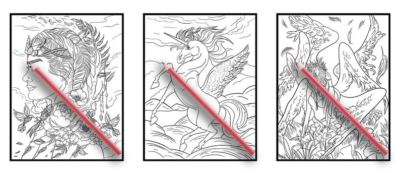 May include: Three black and white colouring book pages featuring a woman with flowers in her hair, a winged unicorn, and a winged angel.