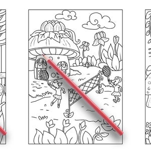 以下が含まれることがあります： きのこ、家、花が描かれた、幻想的なシーンが3つの白黒の塗り絵です。最初のページには、鳥小屋とブランコのある家があります。2番目のページには、網と2人の人物がゲームをしているきのこの家があります。3番目のページには、きのことその前に立っている人物がいる家があります。