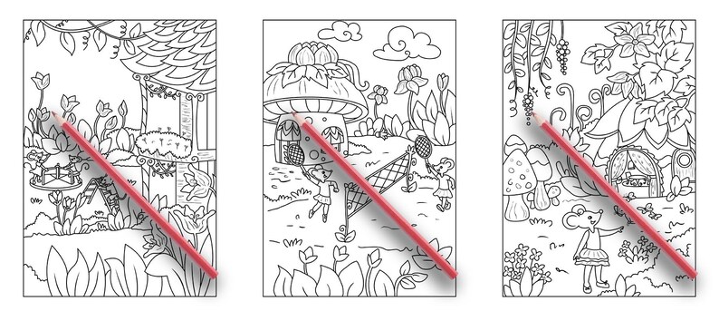 以下が含まれることがあります： きのこ、家、花が描かれた、幻想的なシーンが3つの白黒の塗り絵です。最初のページには、鳥小屋とブランコのある家があります。2番目のページには、網と2人の人物がゲームをしているきのこの家があります。3番目のページには、きのことその前に立っている人物がいる家があります。