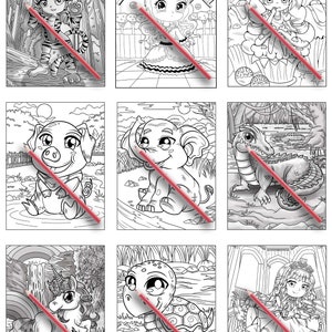May include: Nine black and white coloring pages featuring various characters, including a tiger, a girl in a dress, a pig, an elephant, a dragon, a unicorn, and a turtle. Each page has a red pencil lying across it.