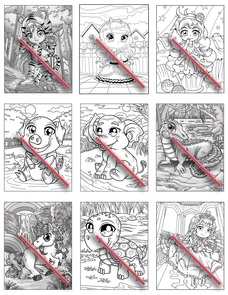 May include: Nine black and white coloring pages featuring various characters, including a tiger, a girl in a dress, a pig, an elephant, a dragon, a unicorn, and a turtle. Each page has a red pencil lying across it.