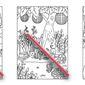 Pode incluir: Tr&ecirc;s p&aacute;ginas para colorir em preto e branco com animais da floresta. A primeira p&aacute;gina mostra uma pequena casa com um telhado em forma de cogumelo. A segunda p&aacute;gina mostra dois animais fazendo um piquenique debaixo de uma &aacute;rvore com luzes penduradas. A terceira p&aacute;gina mostra dois animais sentados em um tronco de &aacute;rvore.